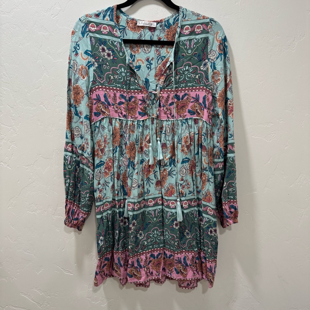 Floral Green & Pink Dress Boho Flowy Beach Tassel Lightweight Women's Small 4/6 - Picture 6 of 16